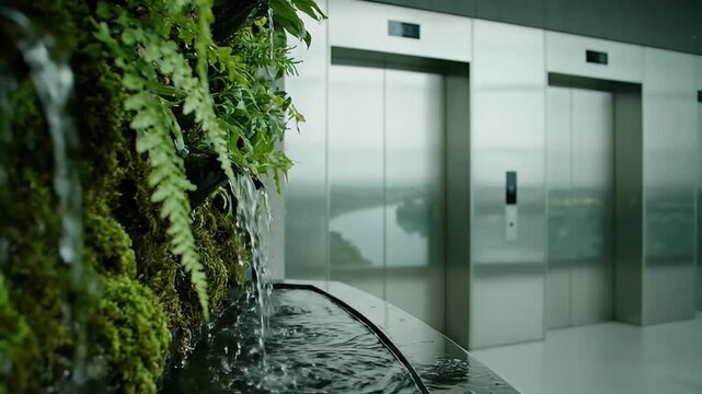 Lush green living wall with flowing water in a modern building lobby featuring sleek elevators