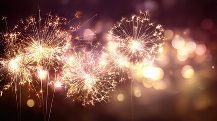 Fototapeta premium Glowing fireworks explode against a dark background, creating a dazzling festive display. The sparkling lights and bokeh evoke celebration and joyful energy.
