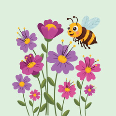 Obraz premium Cute smiling bee flying above colorful purple and pink flowers in garden with green stems and leaves vector art