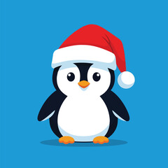 Fototapeta premium Cute cartoon penguin wearing red santa hat standing isolated on bright blue background vector art design