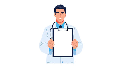 Smiling Doctor with a Clipboard: A friendly, professional doctor holding up a clipboard, ready to assist and provide medical information.