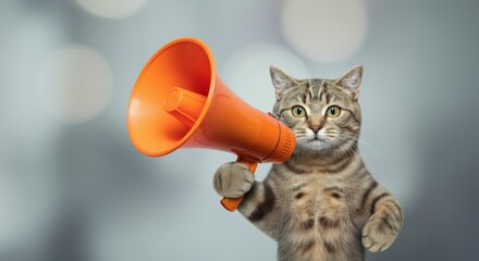 Fototapeta premium Tabby cat holding an orange megaphone against soft bokeh background in playful pose