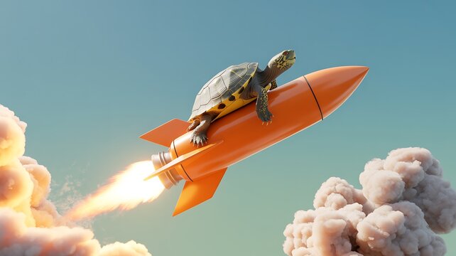 Humorous image of turtle riding orange rocket ship in sky with smoke and fire