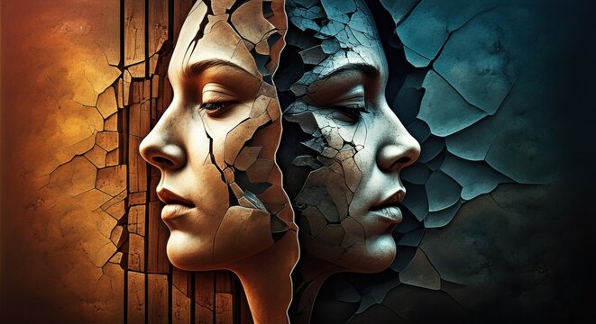 Woman with cracked dual faces in warm orange and cool blue hues, surreal