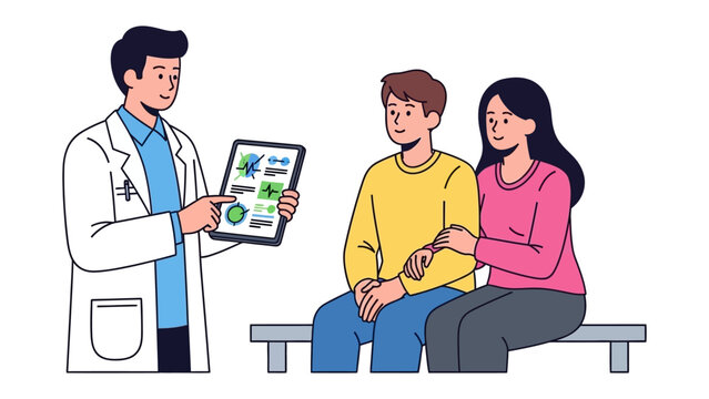 Doctor Discussing Medical Information with Couple: A dedicated doctor engages in a thorough discussion with a couple, highlighting critical information on a tablet. Conveying trust, understanding.