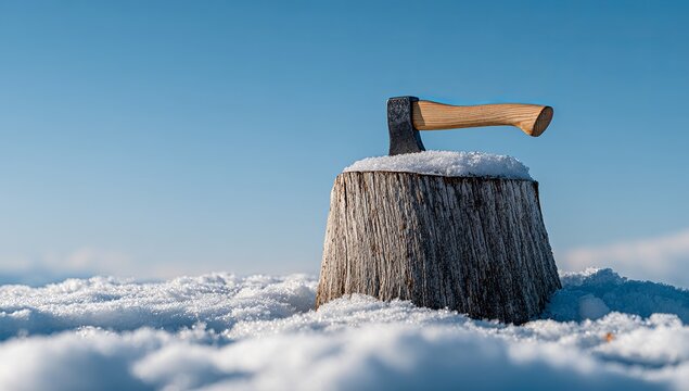 Small axe resting on a snow covered wooden log against a clear blue sky winter