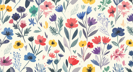 Fototapeta premium Cute floral doodle background featuring scattered flowers and playful leaves