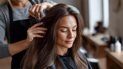 Naklejka premium Hairstylist blow drying woman's long brown hair carefully, professional hair styling, salon beauty service, careful drying technique, hair care treatment, faceless stylist