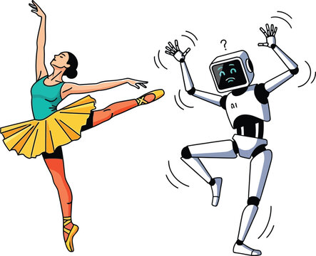 Ballerina and robot dancing together in playful harmony
