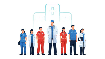 Healthcare Professionals Stand United: A dedicated medical team stands tall, their presence a beacon of hope and resilience in front of a hospital building. a symbol of compassion and expert care. 