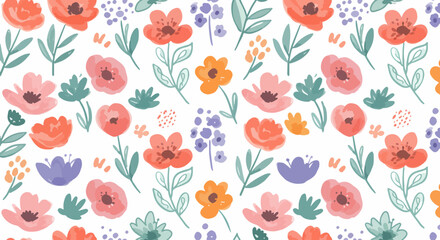 Fototapeta premium Cute blooming flowers pattern with minimal botanical elements and warm happy colors