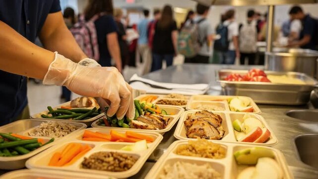 Closeup of hands preparing balanced meal portions in a school cafeteria with trays and busy students softly blurred around.