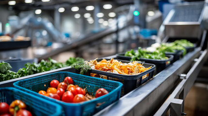 Obraz premium Close-up of colorful organic waste including peels and grounds on conveyor belt, large industrial machinery and clear plastic bins in background, waste sorting facility, defocused