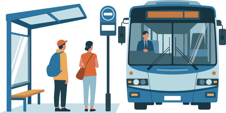 People Waiting at a Bus Stop Urban Public Transport Flat Vector Illustration