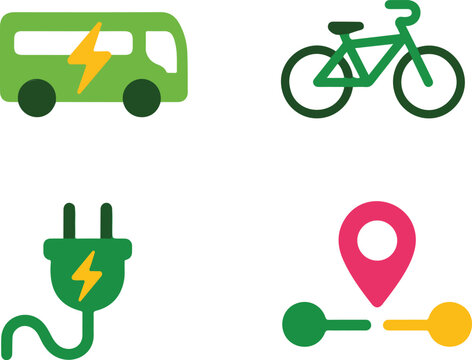 Electric Bus and Bicycle Icons Sustainable Transport Vector Set