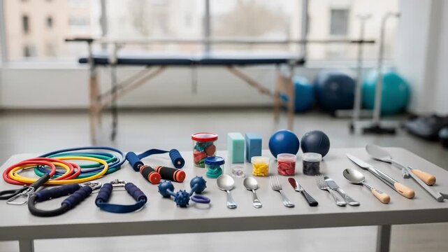 Therapy gym scene focused on occupational therapy equipment with parallel bars blurred in the background highlighting adaptive tools for patient recovery and mobility.