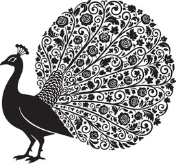Fototapeta premium Minimalist solid black silhouette of a peacock with intricate floral tail patterns.
