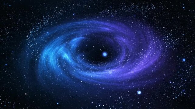 A cosmic scene, a swirling galaxy of blue and purple hues, with a black hole at the center surrounded by stars