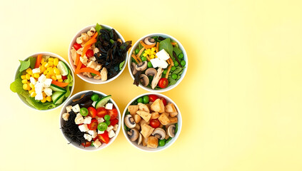 A fresh bowl and plate of colorful gourmet Easter eggs served as a delicious festive snack or healthy dessert isolated on white. Colorful Salad Bowls on Bright Yellow Background