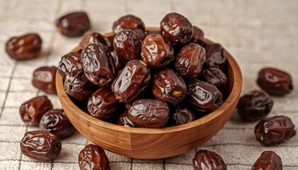 A wooden bowl filled with a pile of dark brown dates on a checkered background studio shot
