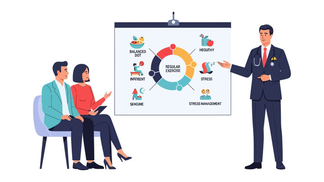 Medical guidance: A doctor providing health guidance to a couple, presenting an overview of healthy habits on a visual aid.