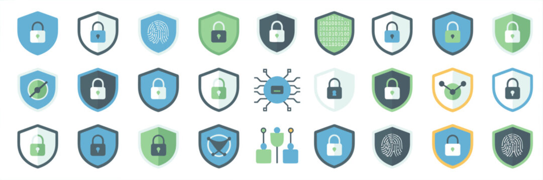 Cybersecurity shield icons in grid layout &ndash; Ideal for data protection software, web security interfaces, or IT privacy branding.