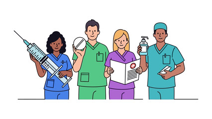 Healthcare Professionals: A diverse group of healthcare professionals stands ready, each holding essential medical tools, representing a united front in care and wellness. © Rahimatul