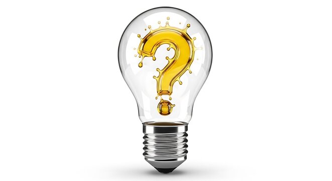 A glowing lightbulb containing a golden liquid question mark, symbolizing innovation and problem-solving