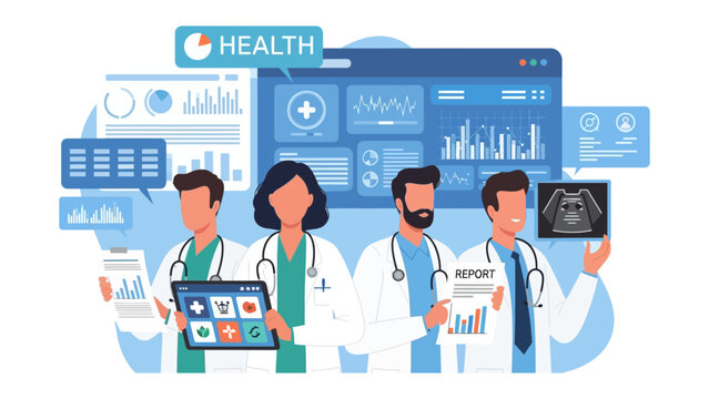 Medical Professionals Analyzing Data: A team of dedicated medical professionals collaborates, analyzing complex health data on digital screens.