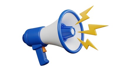 Blue and white 3D megaphone with yellow lightning bolts, representing announcement, alert, and sound.