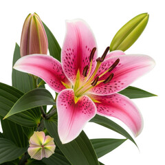 Fototapeta premium Pink lily with green leaves isolated on transparent background