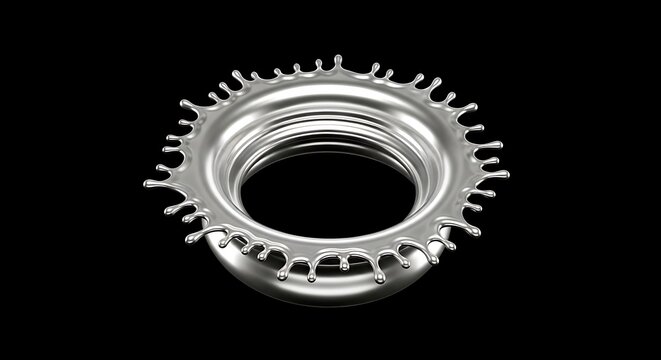 Abstract metallic splash forming a circular ring shape against a black background, evoking liquid dynamics and fluid motion.