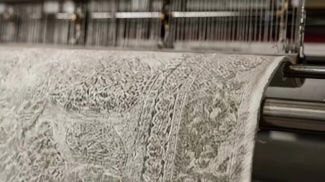 Closeup of jacquard pattern bath sheets weaving highlighting intricate designs and textured fabric in a sophisticated textile manufacturing setting.