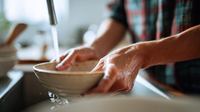 Washing dishes under running water in home kitchen sink