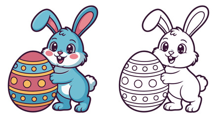 Obraz premium Cute blue bunny character holds a colorful decorated Easter egg beside outline.