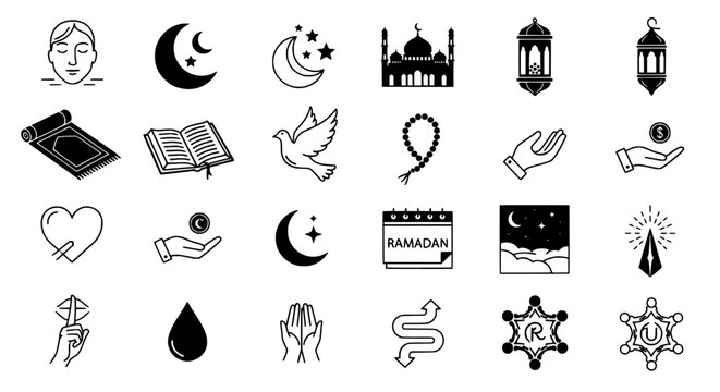 Islamic Icons and Symbols Collection Ramadan, Prayer, Mosque, Moon, Dove, and Worship