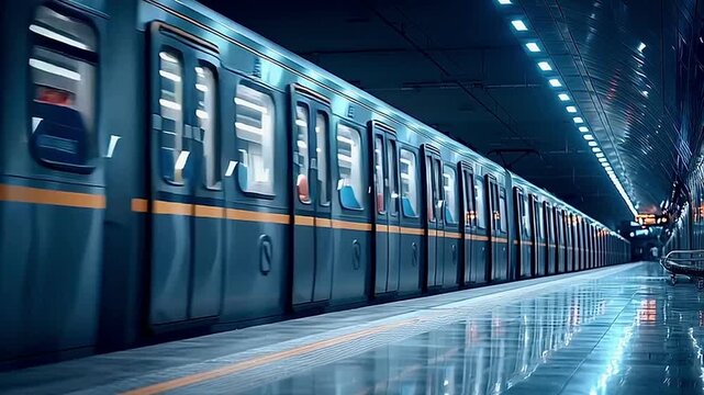 Modern subway train departing from futuristic metro station