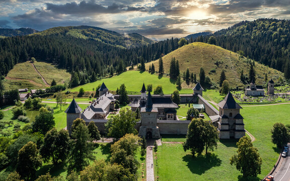 Aerial view with Sucevita Monastery, a famous religious heritage in Romania