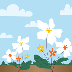 Obraz premium Colorful flowers blooming under a bright blue sky with fluffy white clouds, depicting a cheerful natural scene.