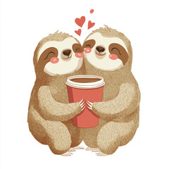 Obraz premium Romantic Sloth Couple Sharing a Large Coffee Cup with Hearts