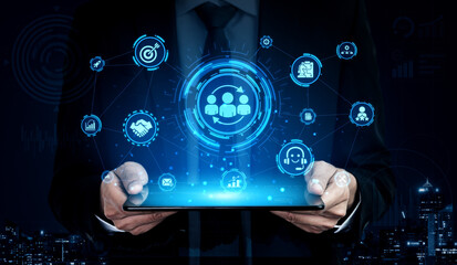 Fototapeta premium CRM platforms improve customer relationships through data analysis, CRM communication tools, and automation. CRM systems support customer management, tracking, and CRM relationship success. Entice