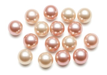 A collection of lustrous round pearls in various shades of pink and cream scattered across a clean white surface