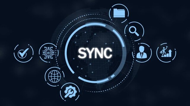 Futuristic digital interface showcasing the SYNC concept with interconnected for data management and global connectivity against a dark backdrop