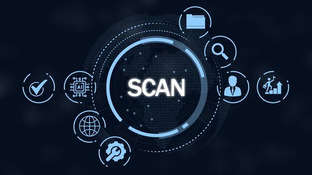 Digital scanning technology concept with AI integration and global network arranged around the word SCAN on a dark blue futuristic background