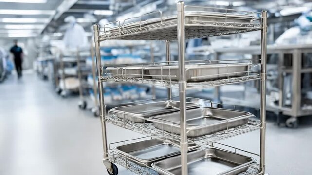 Medium shot of open shelving in sterile processing alcove focus on stainless steel trays stacked precisely with blurred background showing surgical instrument storage.