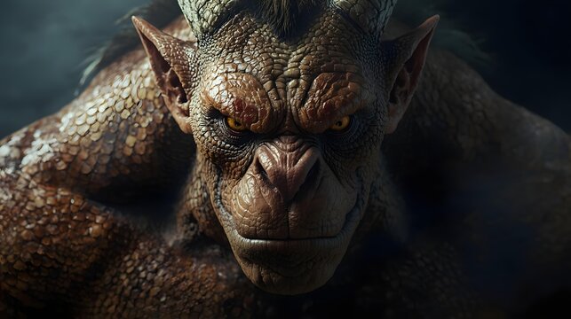 Unleash the power of this fearsome fantasy creature in your next project. With its scaly skin, sharp ears, and intense stare, this mythical beast is sure to captivate audiences. Perfect for film, gami