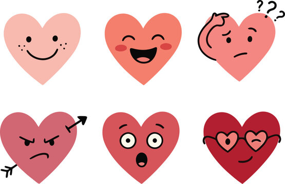Groovy hippie love sticker set, happy valentine's day concept, cute heart characters with different facial expressions, vector illustration