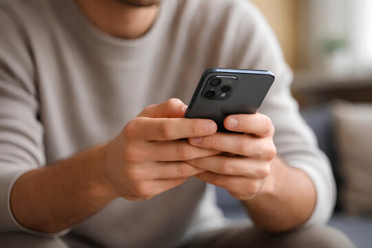 Man using smartphone with focused attention indoors, close up lifestyle scene representing modern communication, mobile technology usage and everyday digital interaction