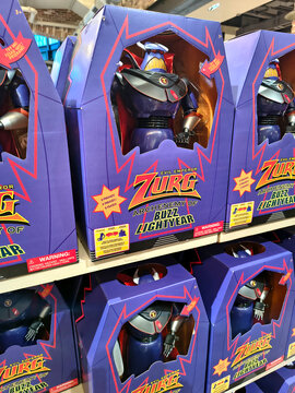 Emperor Zurg toy in its box for sale in a toy store. Toy Story character, Buzz Lightyear's archenemy