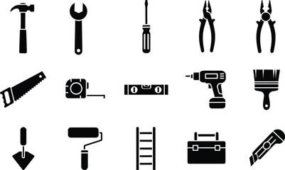 Obraz premium A collection of black silhouette icons showing essential hand tools and power tools for diy and construction projects